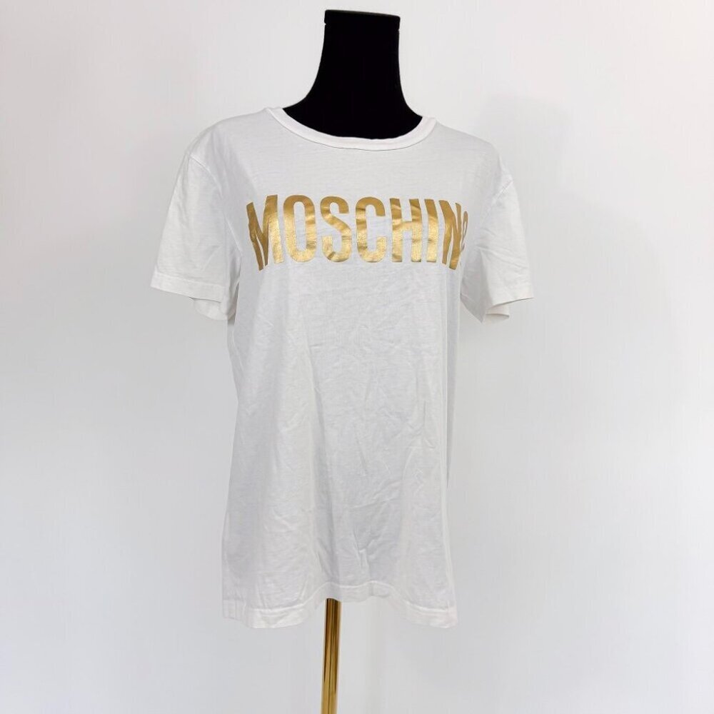 MOSCHINO LOGO GRAPHIC T SHIRT WHITE AND GOLD COLOR